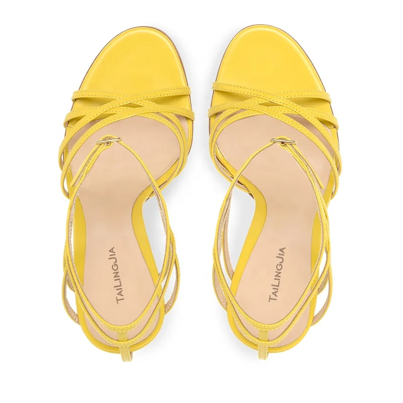 Chic Black High Heels for Woman Heeled Strappy Yellow Sandals