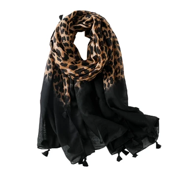 Factory Wholesale black leopard print scarf high quality cotton scarves hijab with tassel leopard scarf