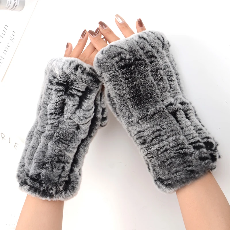 Women winter real rabbit fur fingerless mittens