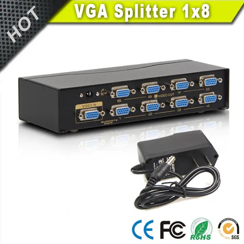 8 Port VGA Splitter Amplifier Booster Box 1 in 8 Out for Multi Monitors with 350MHz Bandwidth