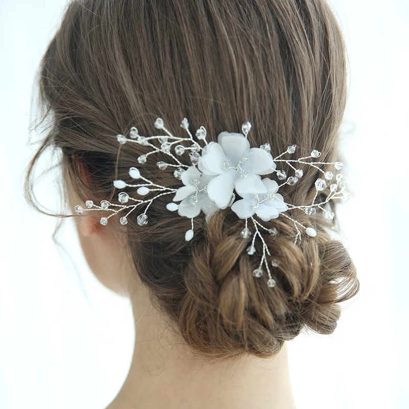 2020 Fashion Handmade Fancy Beads Silver Bridal Headdress Wedding Flowers Jewelry Accessories Hair Pins for Girl