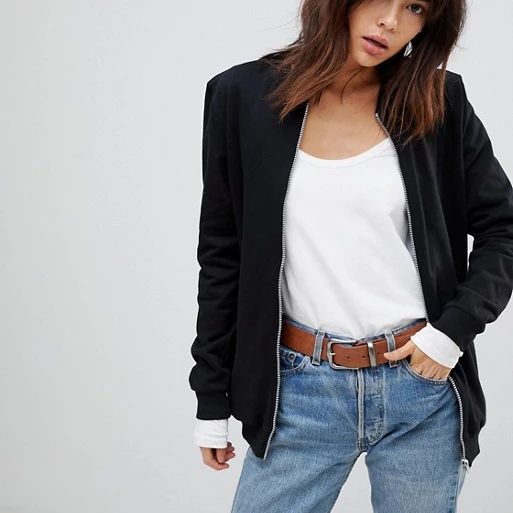 Женские обычные черный 100% хлопок на молнии куртка-бомбер с высоким качеством