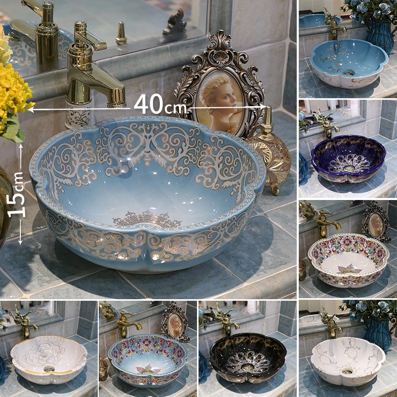 Jingdezhen European Style Flower Shape Art Ceramic Washroom Colored Toilet Bowl Basin for Home