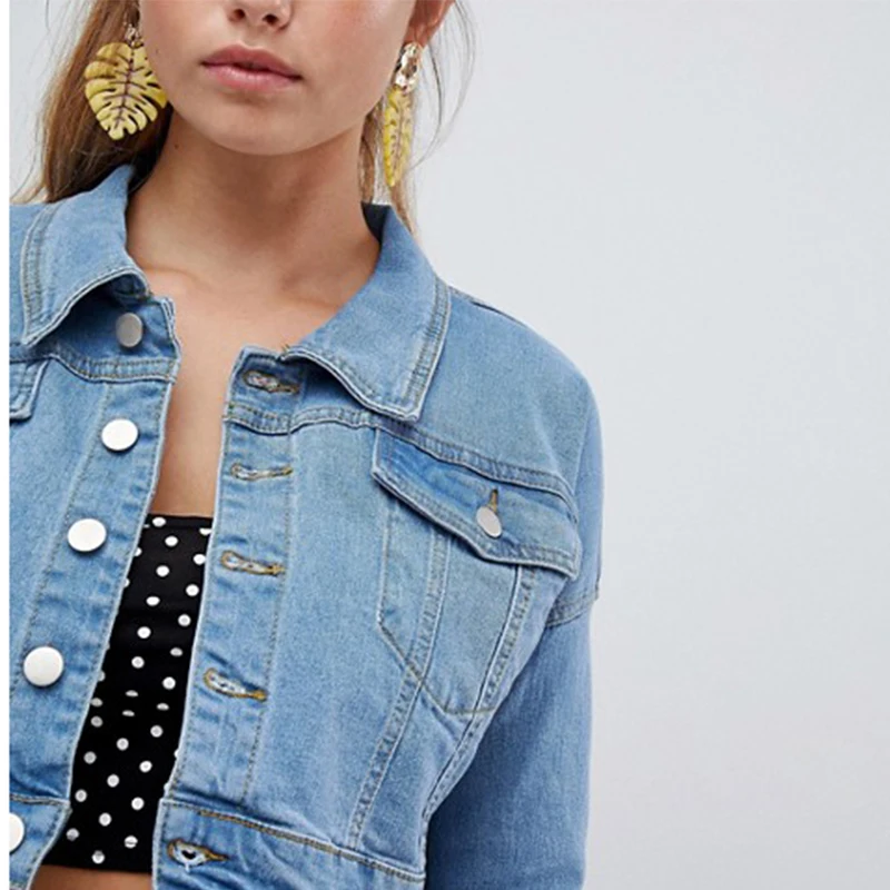 Оптовая продажа женская синяя джинсовая короткая куртка модная короткая укороченная обычная джинсовая куртка