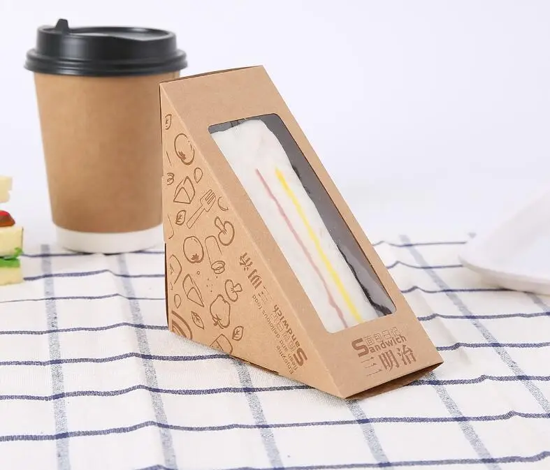 Custom Triangular Shape Kraft Paper Sandwich Food Packaging Container Box Korean Sandwich Box