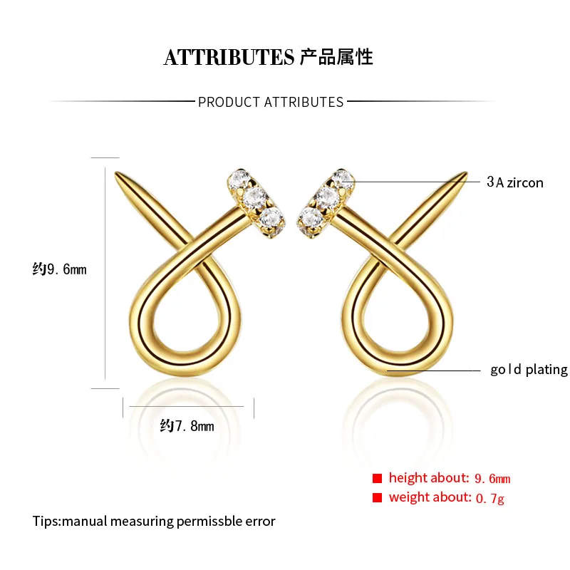 ZHILIAN Women Personality Jewelry 925 Silver Custom CZ Zircon Gold Plated Bent Nails Stud Earrings Simple Silver Earrings