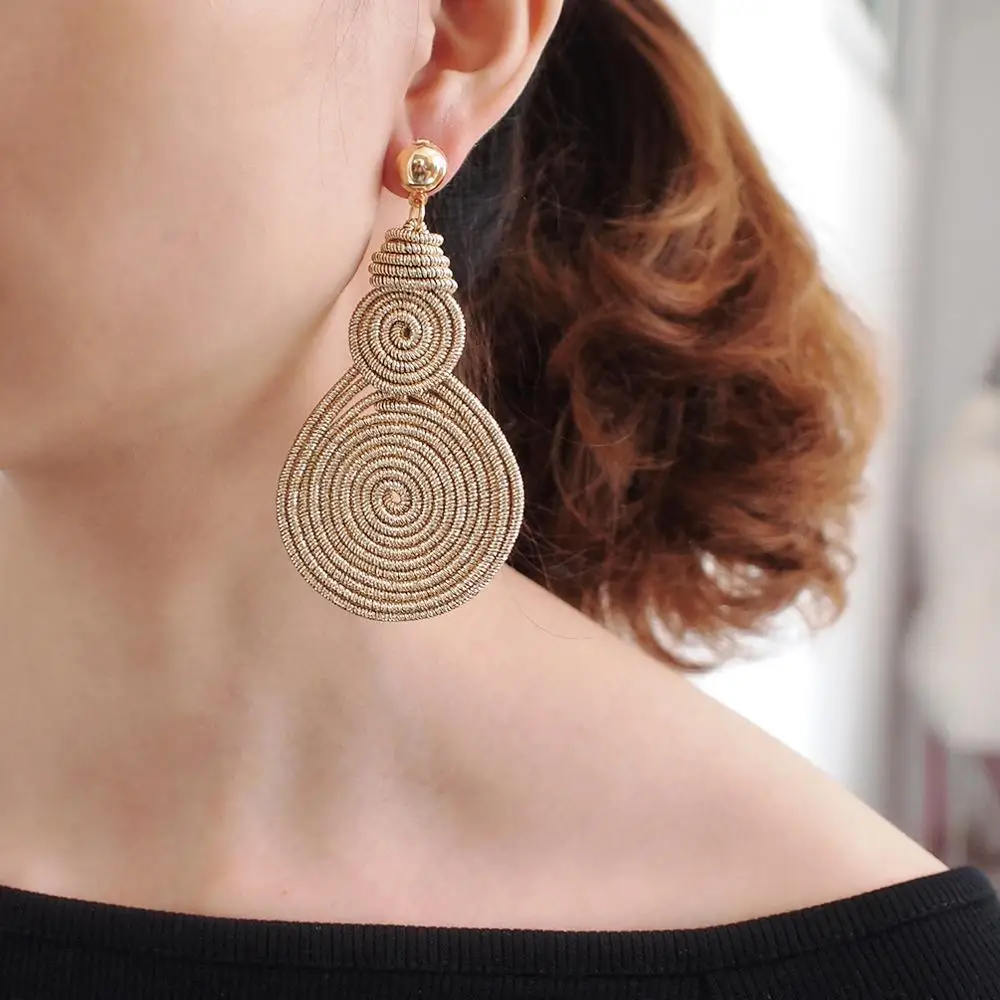 HANSIDON Unique Handmade Alloy Spiral Round Statement Earrings Woman Vintage Metal Drop Dangle Earrings Fashion Jewelry