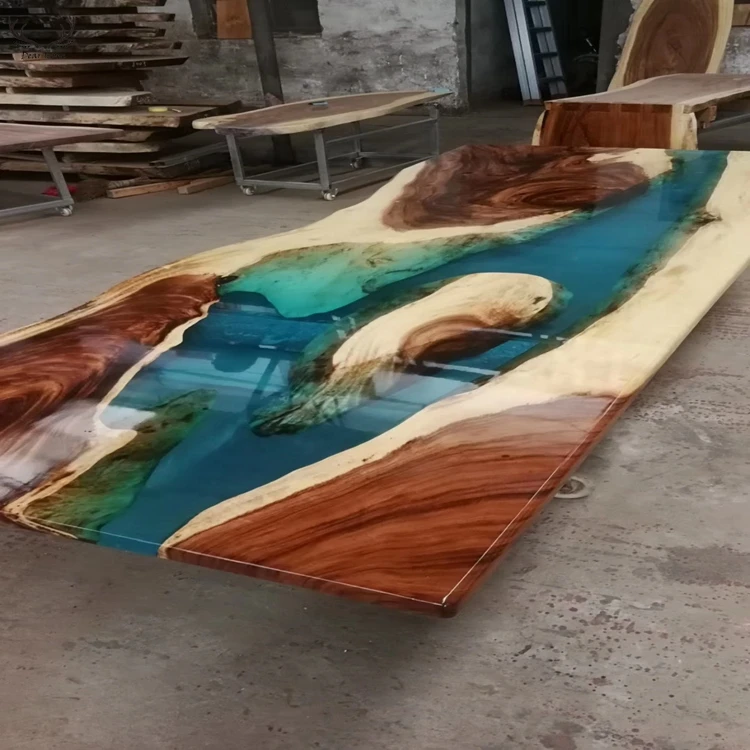 Modern Design Rectangular Epoxy Resin Dining Tables Top Blue Transparent River Resin Wood Epoxy Resin Table
