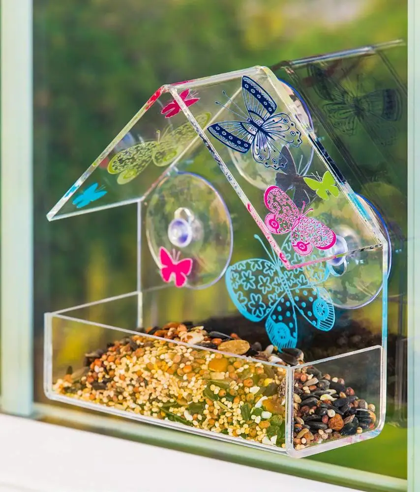 Кормушка для птиц на окно водонепроницаемая уличная садовая домашних животных с беличкой акриловая в форме бабочки