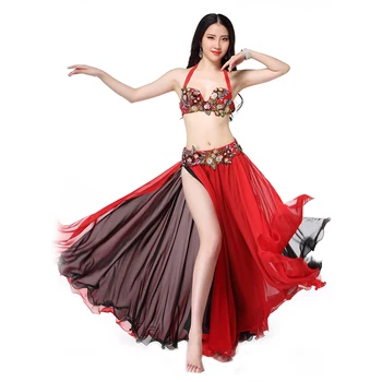 Female Adult Embroidery Sequins Flower Bra Waist Seal Three-Piece Performance Costumes New Belly Dance Skirts For Women
