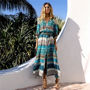 Wholesale Plus Size Boho Dress Lady Elegant Maxi Casual Beach Cotton Button Sun Summer Fall Dresses for Women