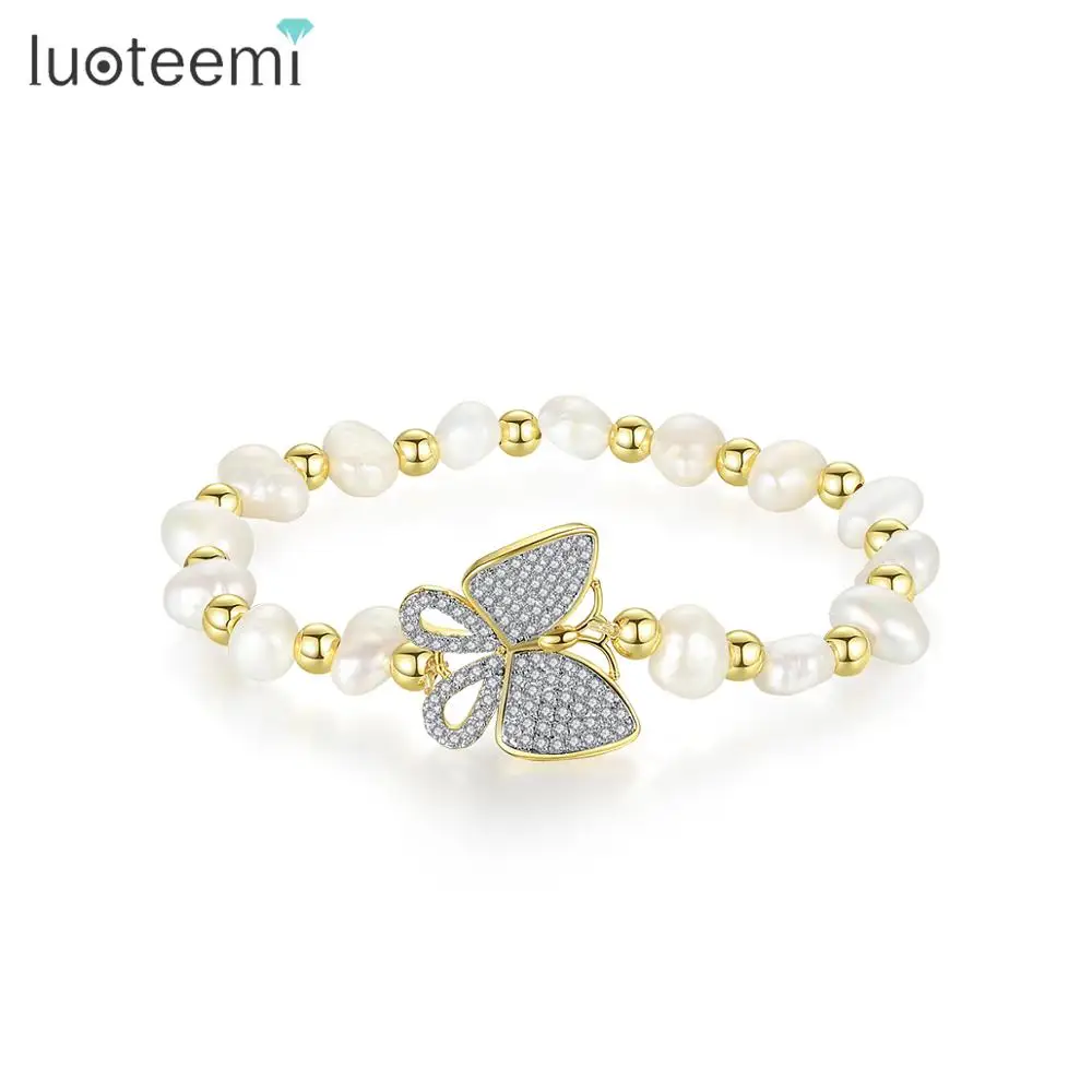 LUOTEEMI Ruby Stone CZ Butterfly Part Elastic Rope Natural Pearl Bracelet Elegant Women Jewelry