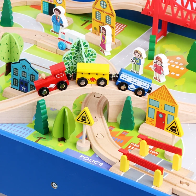 Preschool Play Building Toy Functional Table Game Wooden Rail Magnetic Train Track Set