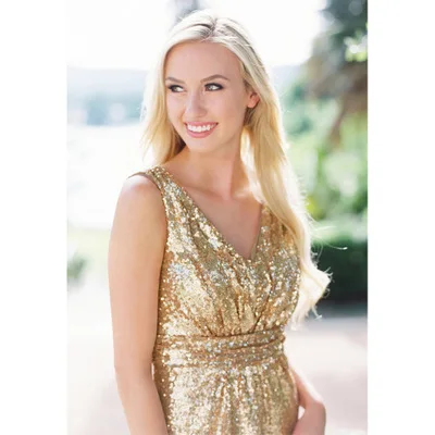 Gold Sequin Tea-length Bridesmaid Dress - Satin Party Wear & Oem