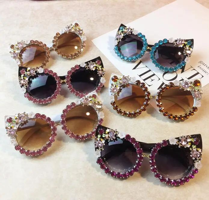 Trending Cat Eye Sunglasses Women Hand-made Rhinestone Vintage Shades Eyewear