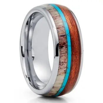Highly polished deer antler inlay mens tungsten with turquoise and wood rings