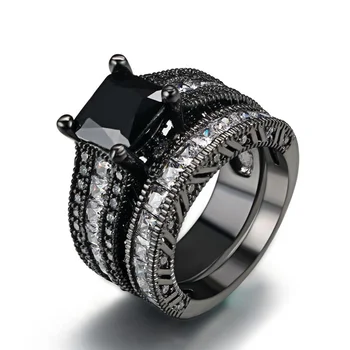 Popular 2PCS/Set Princess Cut Black Cubic Zirconia Diamond Bridal Wedding Engagement Ring Sets for Women Birthday Gift R627