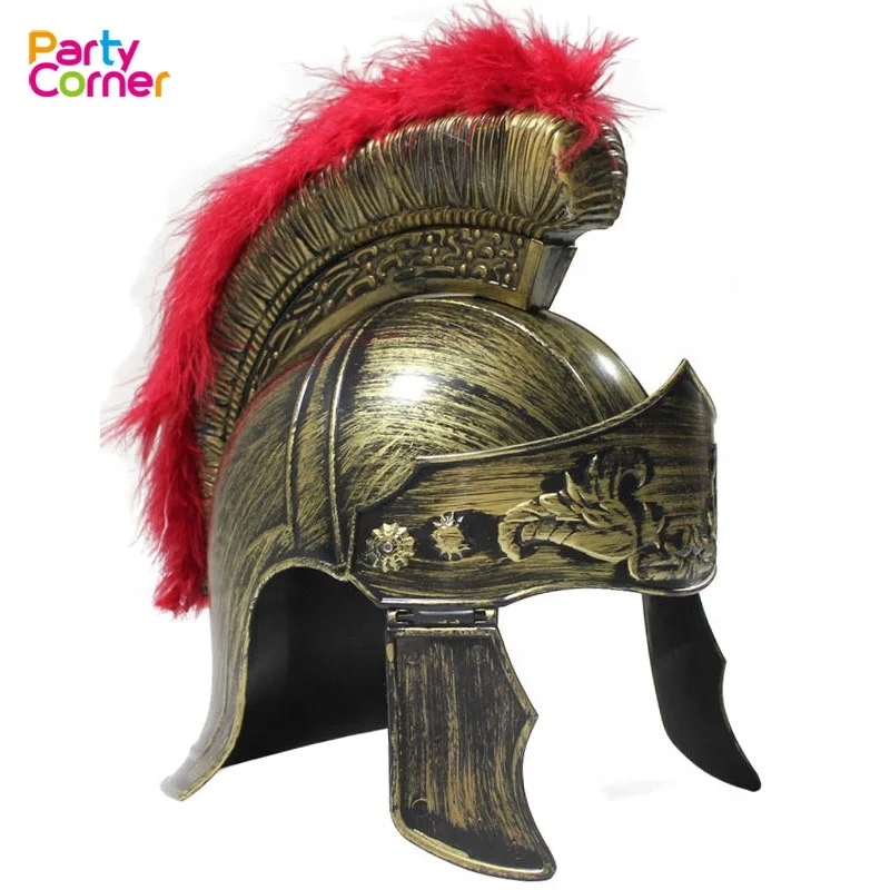 Adult Gold Roman Helmet Spartan Greek With Red Feathers Armor Gladiator Costume 
