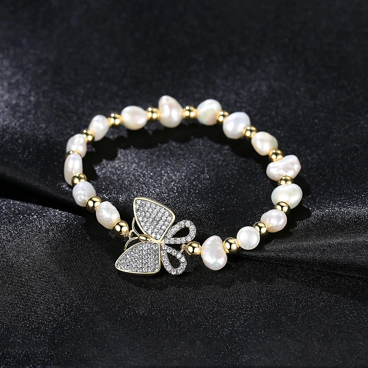 LUOTEEMI Ruby Stone CZ Butterfly Part Elastic Rope Natural Pearl Bracelet Elegant Women Jewelry