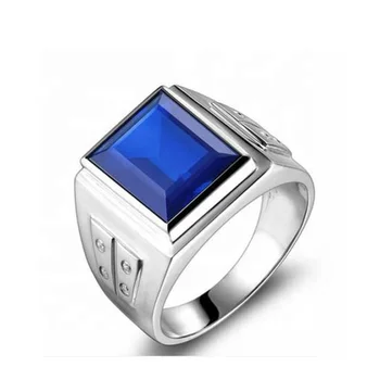 925 Sterling Silver Emerald Cut Sapphire Men's Wedding Ring