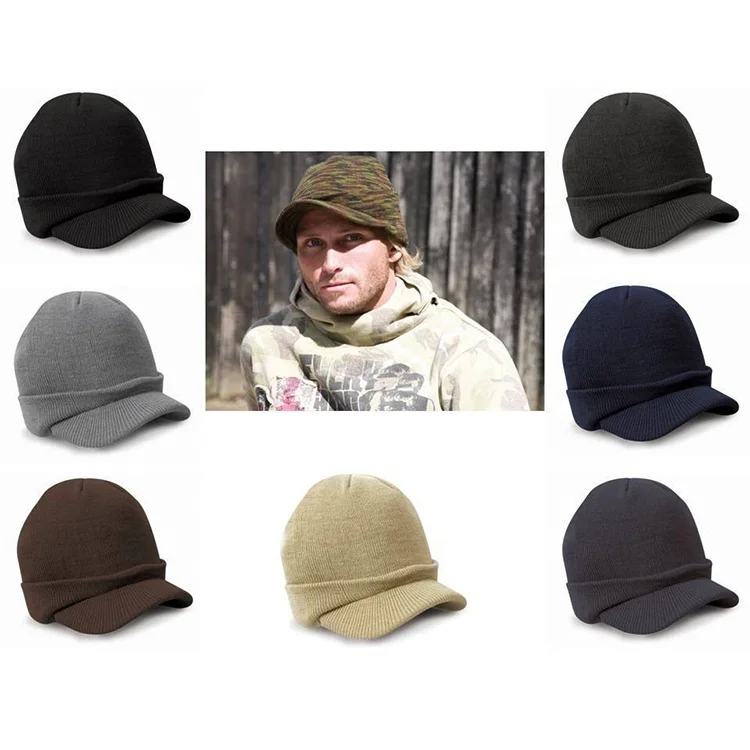 Cheap Plain Knit Visor Skull Cap Beanie Hat