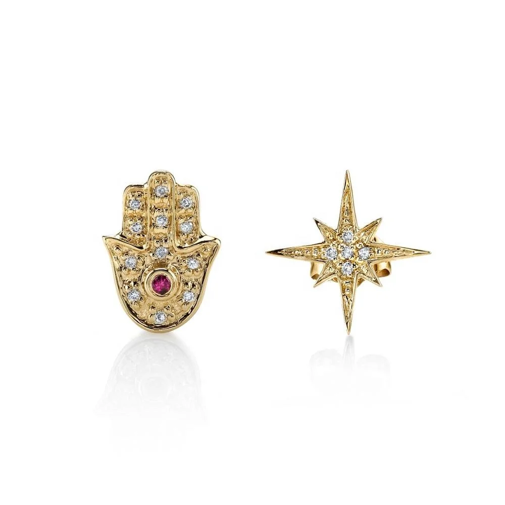 宝石时尚设计925银钻土耳其法蒂玛手耳钉哈姆萨珠宝, image size:1000x1000