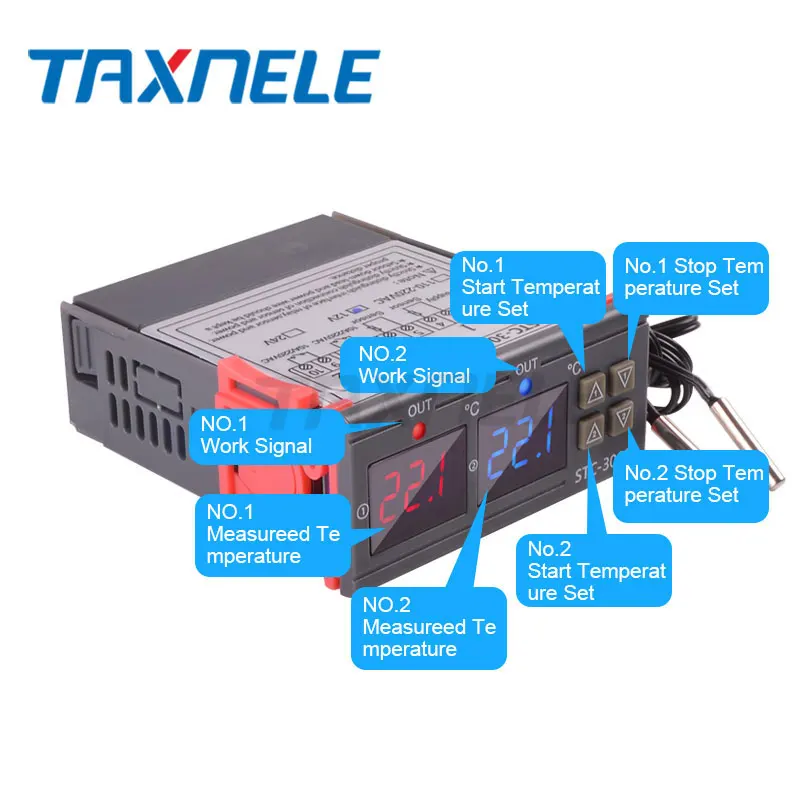 
STC-3008 двойной цифровой термостат с контроллером температуры, инкубатор с двумя релейными выходами, терморегулятор, нагреватель, охладитель, 12 В, 24 В, 220 В 