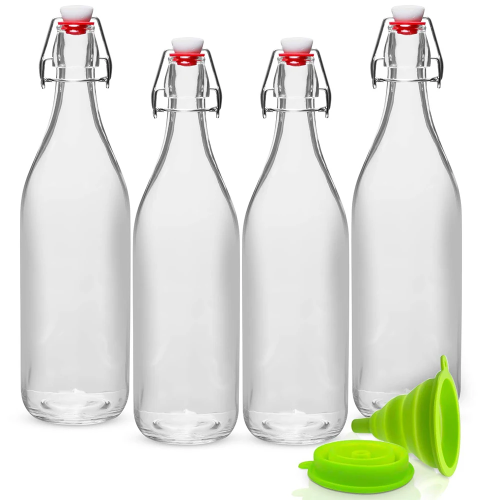 Kefir Carafe Swing Top Bottles with Airtight Lids for Oil Vinegar,Beer Water Soda Set of 4-33.75 Oz Giara Glass Bottle with Stopper Caps Kombucha 