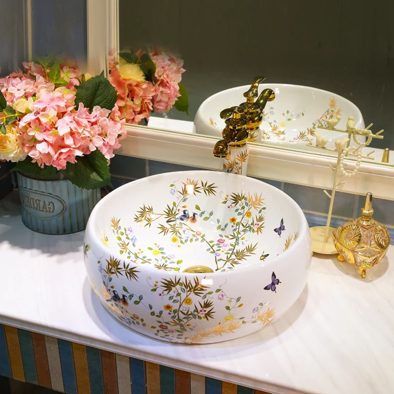 Rectangular Gold Flower and Bird Pattern Porcelain Ceramic Wash Basin Bathroom Sink