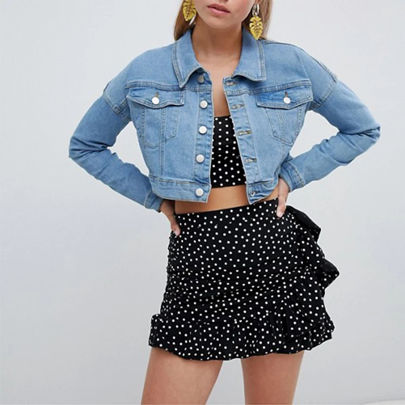 Оптовая продажа женская синяя джинсовая короткая куртка модная короткая укороченная обычная джинсовая куртка