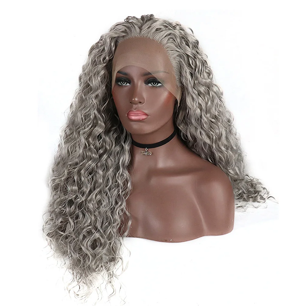 Synthetic Lace Front Wigs For Black Women Silver Grey Hair Heat