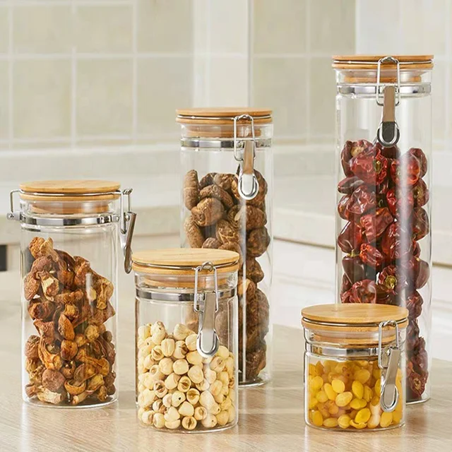 Modern Eco-Airtight Wood Glass Storage Jar with Lock Lid for Candy Jam or Camping Use Packed in Box
