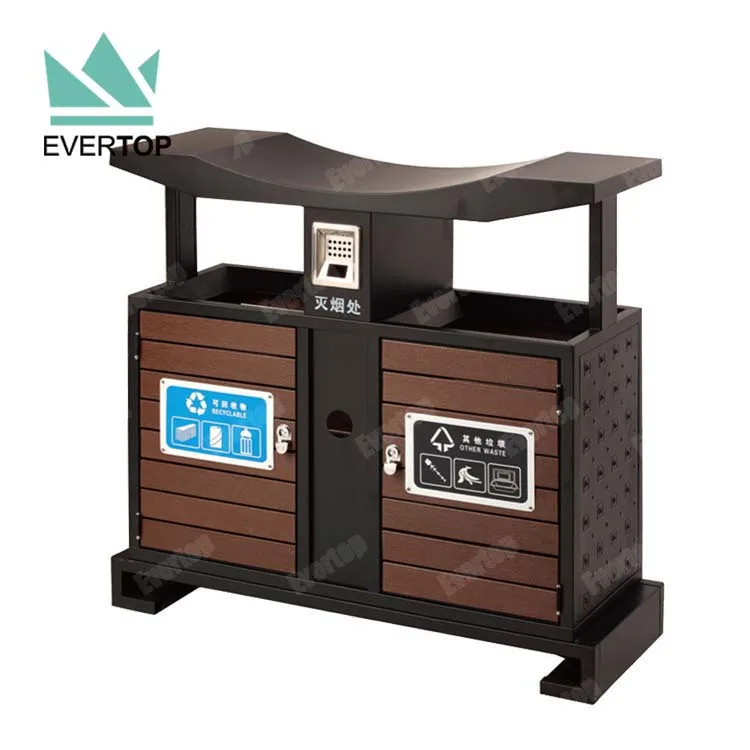 Woodview Outdoor Recycling Trash Can with Dual Litter Bin & Trash Bin, Plastic Wood Outdoor Double Trashcan Outdoor Dustbin