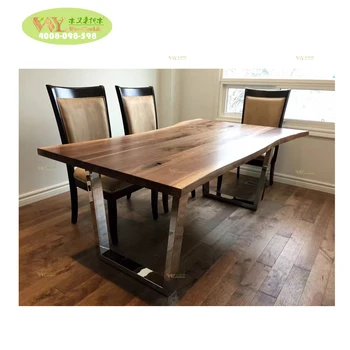 Long wooden dining table with natural tree edge for restaurant Live edge oak walnut wood slab dining table