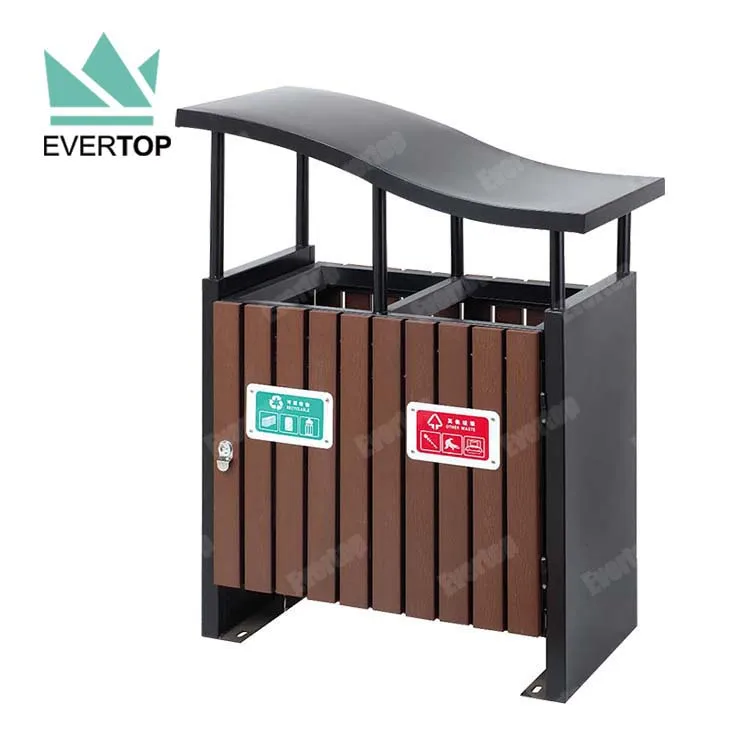 Woodview Outdoor Recycling Trash Can with Dual Litter Bin & Trash Bin, Plastic Wood Outdoor Double Trashcan Outdoor Dustbin