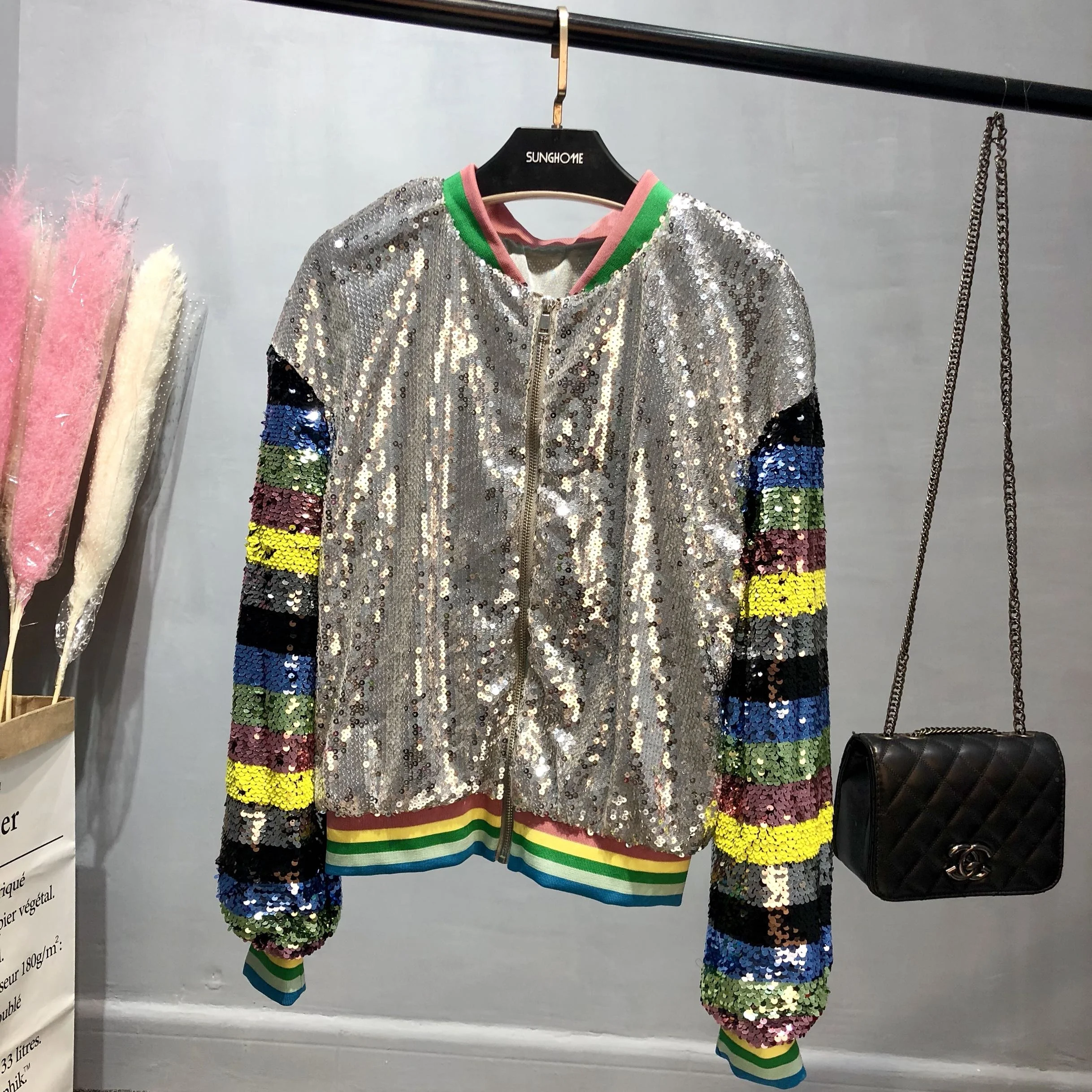 rainbow sequin bomber jacket