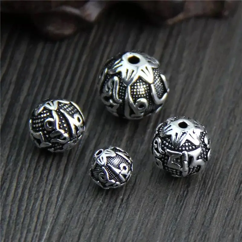925 Sterling Silver Jewelry Findings Thai Silver Vintage Six Words Mantra  Round Spacer Beads