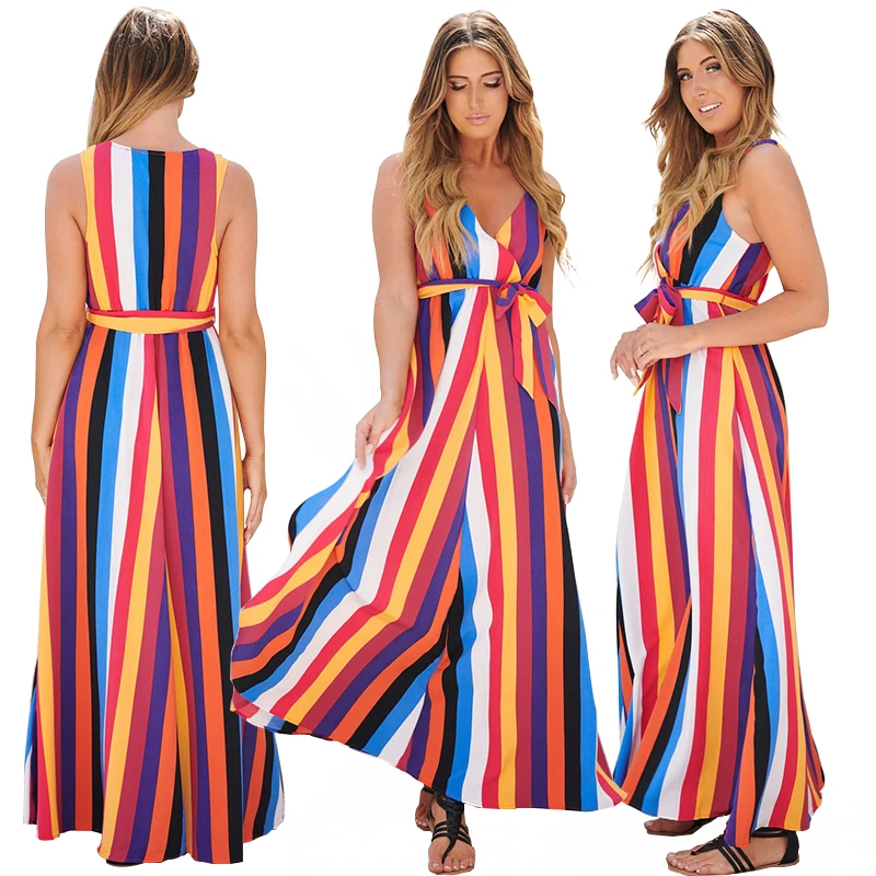 Mayor Plus Tamaño Nueva Ropa De Moda De Cuello V Profunda Sin Mangas De  Rayas Arco Iris Larga Vendaje Vestido De Las Mujeres - Buy Vestido Largo  Maxi Product on Alibaba.com