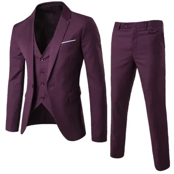 Men solid color three piece dress Slim Business occupation wedding suit Jackets Pants Vest