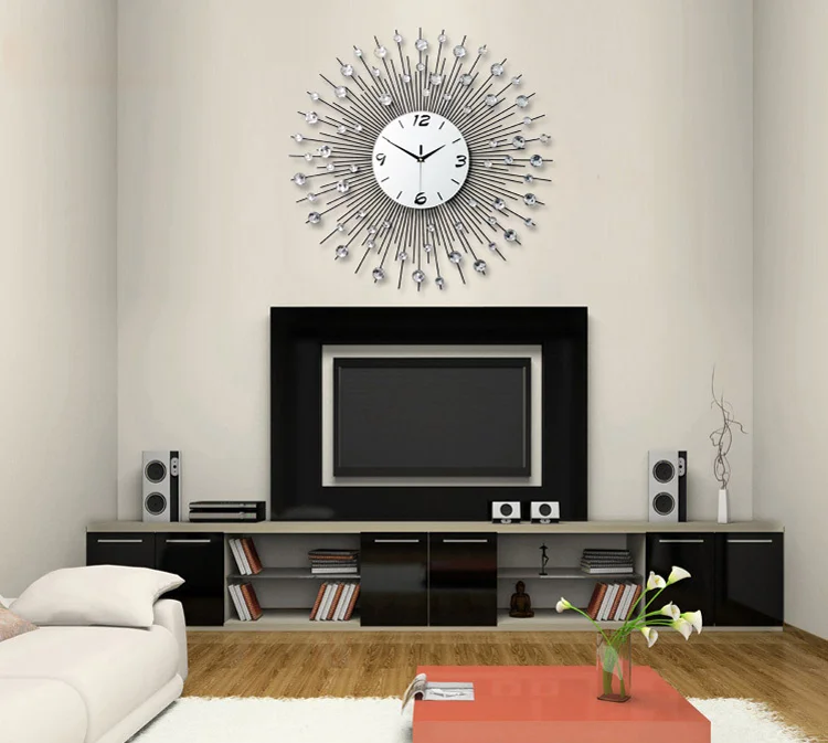 Высококачественные роскошные современные большие металлические настенные часы sunburst с ювелирными изделиями