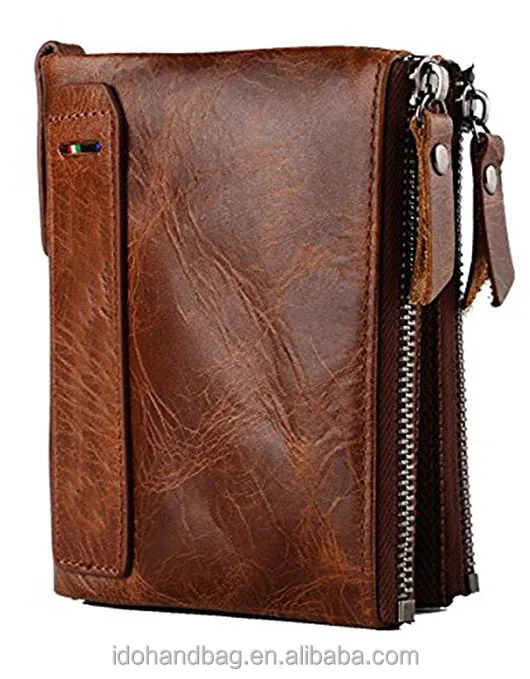 Fashionable Vintage Bifold Men Genuine Leather Euro Coin Purse Wallet Zipper Coin Purse with Double Pockets