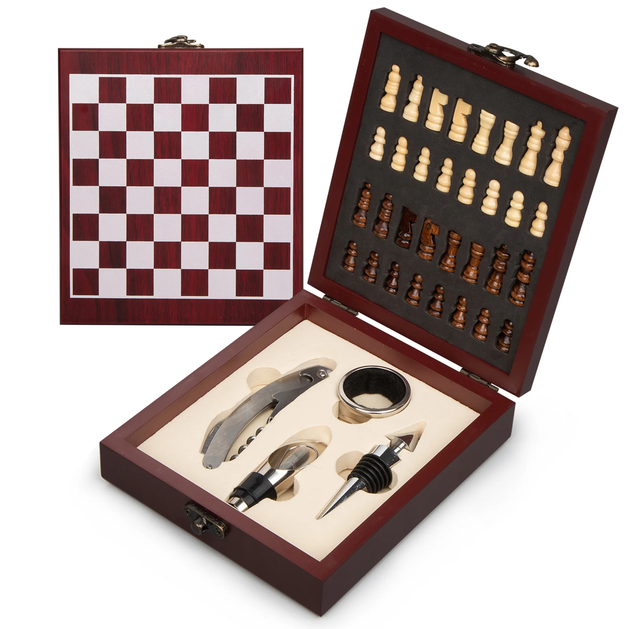 YOBANSA Wooden Box Wine Accessories Gift Set Black 01 Includes Rabbit Wine Corkscrew Wine Stoppers Wine Pourer,Wood Chess Set Wine Opener Set 