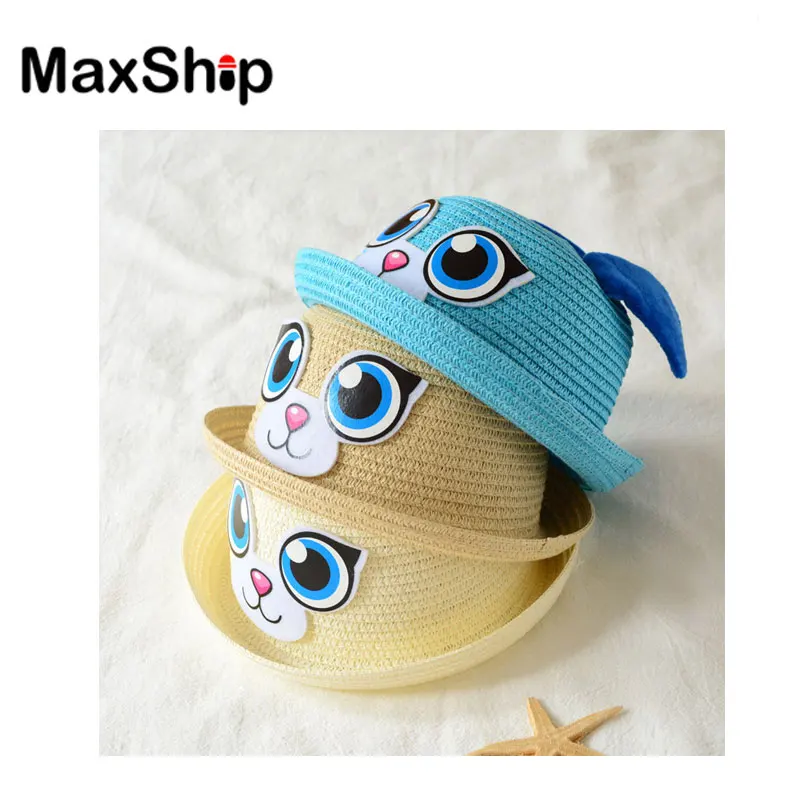 OEM милый бумага соломы синий кролик уха в кролик шляпа для детей солнцезащитный крем