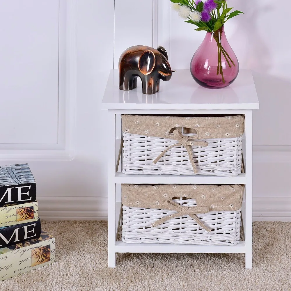 Bedside Table Wooden Wicker Nightstand Storage Unit With Rattan Basket White
