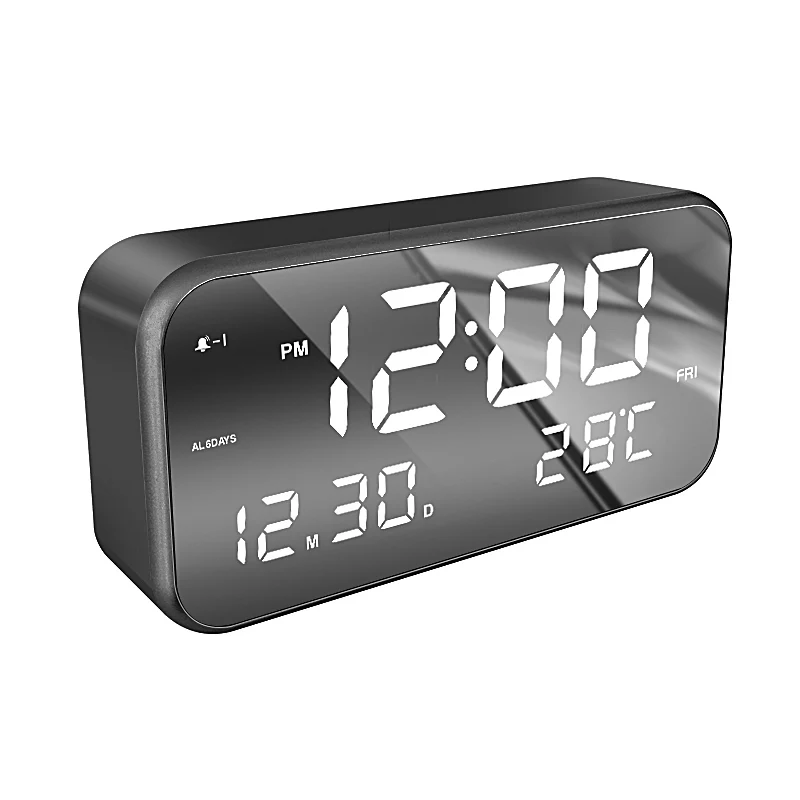 Large LED Alarm Clock Mirror Effect Music Clock 2018 Best Seller 3 Alarm Calendar Dim Light with  Temperature Display