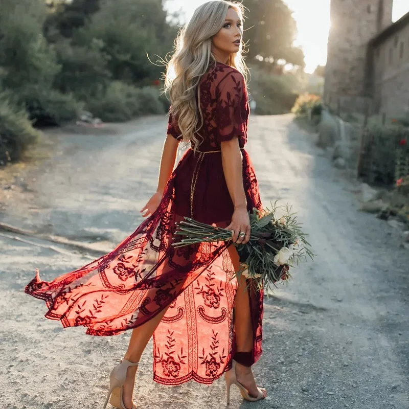 wine colored lace maxi dress