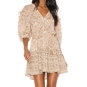 Wholesale Ladies Casual V-Neck Bohemian Style Mini Dress Floral Eyelet Tie Waist with Breathable Tassels