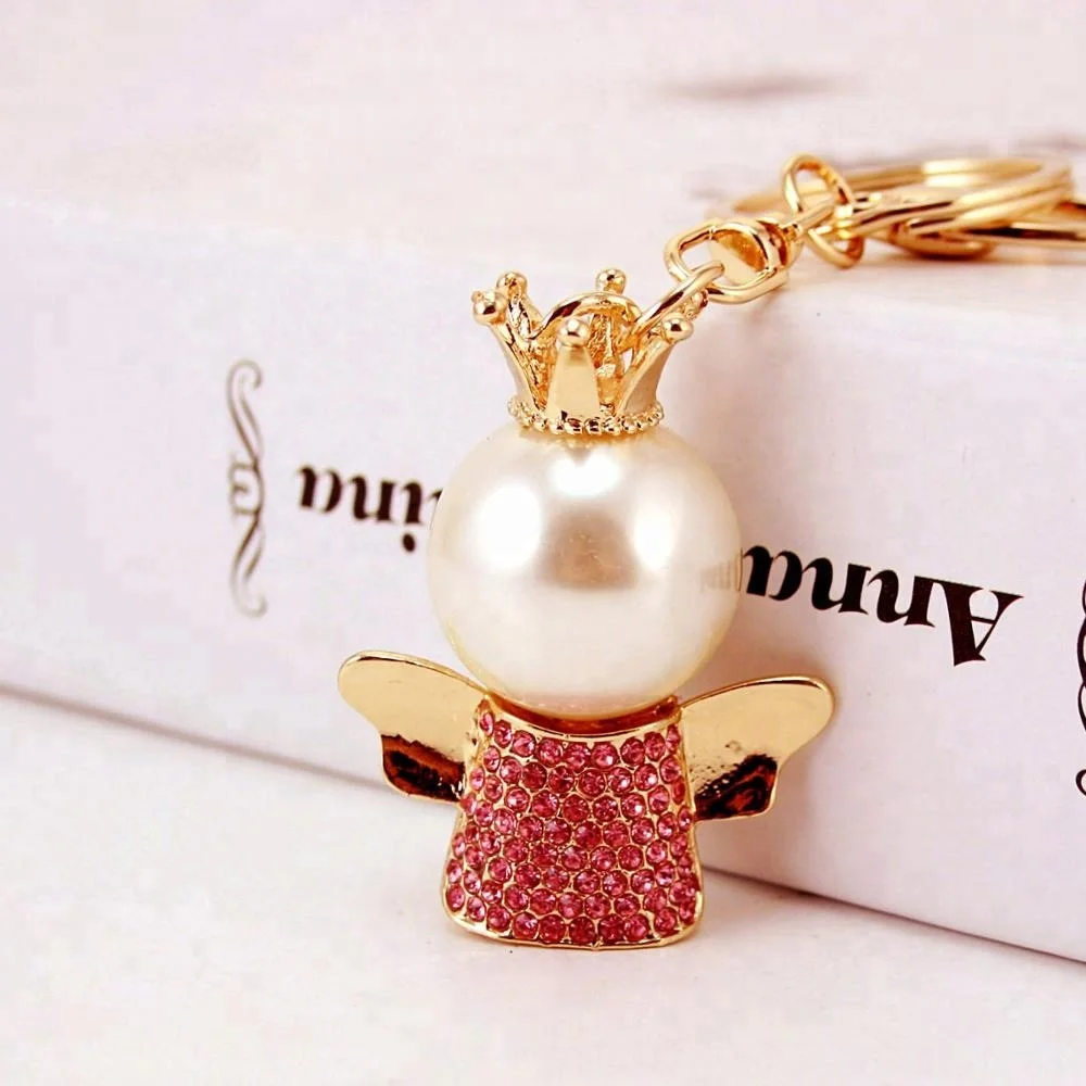 
 Cute Creative Bag Keyring Crystal Rhinestone Crown Angel Keychain Holder For Women Purse Car Charm Novelty Pendant Key Chain  