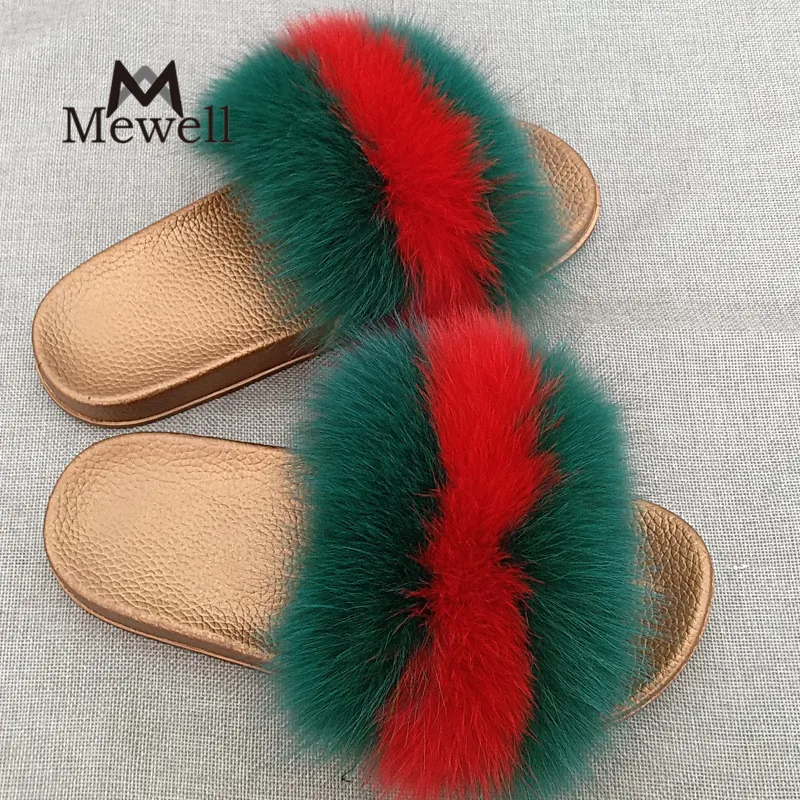 Mùa đông Lông Thú Thật Phụ Nữ Home Dép Thời Trang Cô Gái Gót Chân Phẳng Fox Fur Đi Trong Nhà