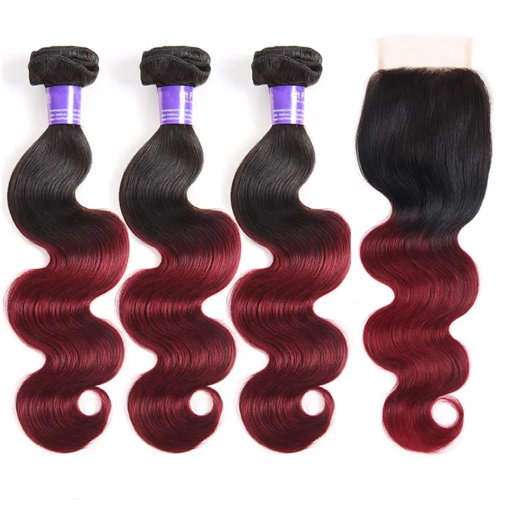 1b/burgundy Ombre Brazilian Body Wave 3/4 Bundles With Lace Closure Human  Hair Bundles And Closure 99j Red Remy Hair Weave - Buy Burgandy Hair  Weave,Brazilian Body Wave Hair,Ombre Color Hair Weave Product